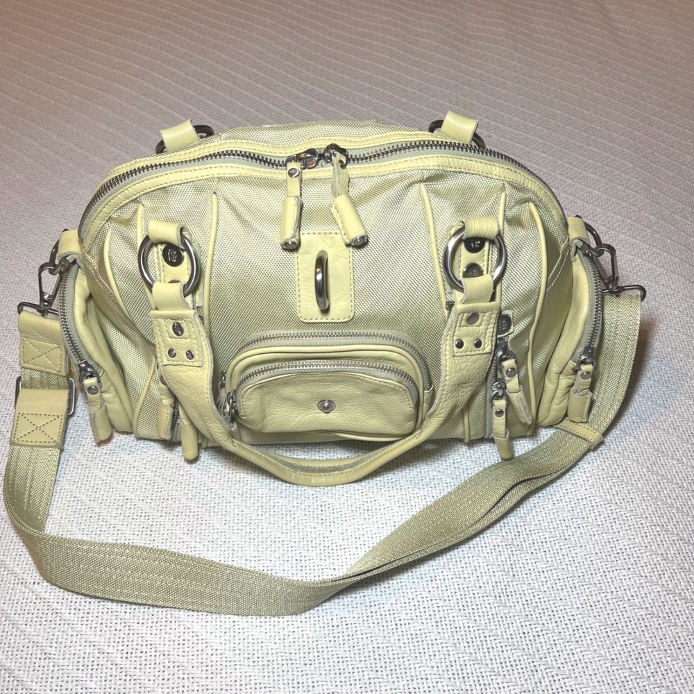 George Gina & Lucy Chartreuse Nylon Leather Satchel Crossbody Bag Multi Pocket